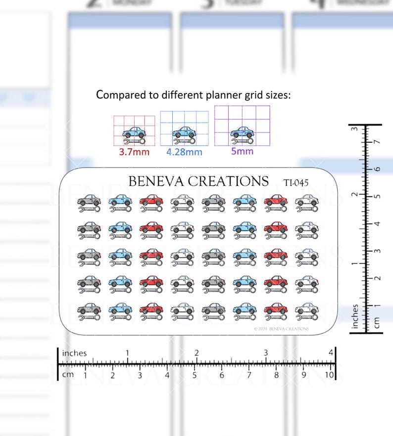 May include: A sheet of car stickers with a blue, red and grey colour scheme. The stickers feature cars with wrenches underneath them. The sheet is labelled "BENEVA CREATIONS TI-045".