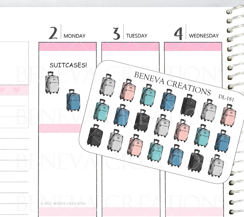 May include: A sheet of stickers featuring 24 colorful suitcases in various shades of blue, pink, gray, and black. The stickers are arranged in a grid pattern and are labeled "Beneva Creations" and "DL-181".