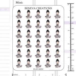 May include: A sheet of 36 mini stickers featuring a cartoon illustration of a person with brown hair, wearing a grey shirt and holding a stack of money. The stickers are arranged in a grid pattern and are labeled "EL-001-MINI".