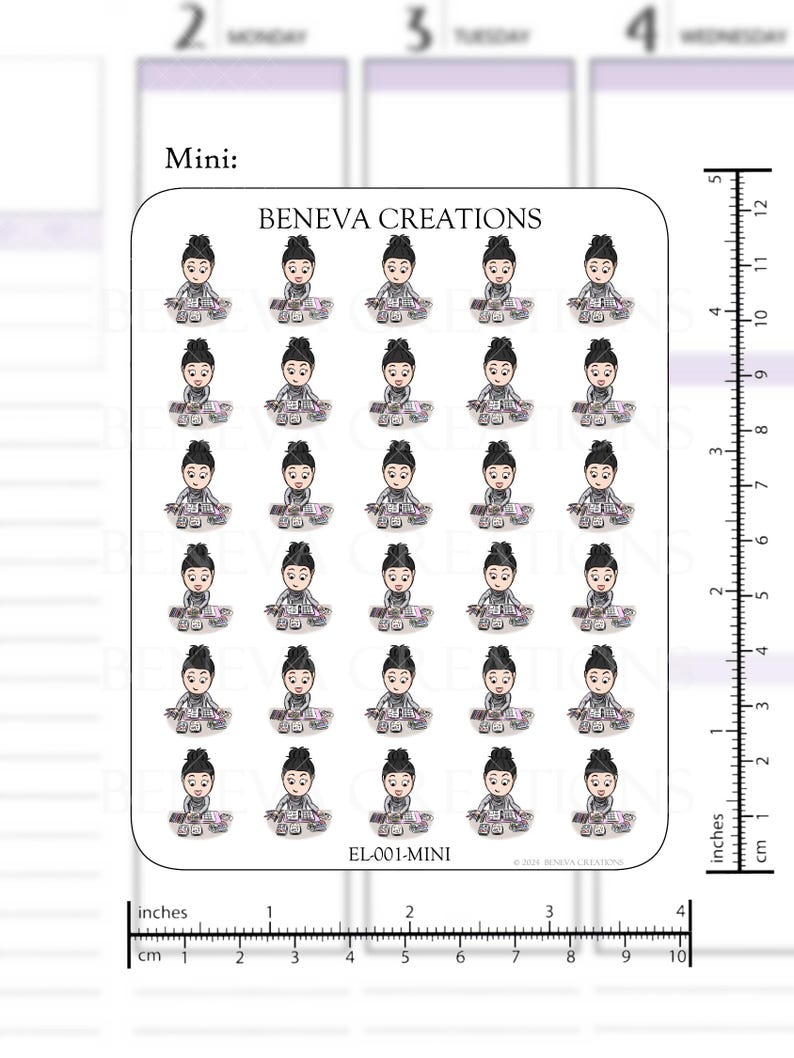 May include: A sheet of 36 mini stickers featuring a cartoon illustration of a person with brown hair, wearing a grey shirt and holding a stack of money. The stickers are arranged in a grid pattern and are labeled "EL-001-MINI".
