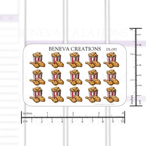 May include: A sheet of 12 stickers featuring cartoon illustrations of fried chicken in red and white striped buckets. The stickers are approximately 1 inch in size and are printed on clear sticker paper.