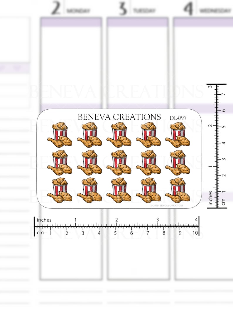 May include: A sheet of 12 stickers featuring cartoon illustrations of fried chicken in red and white striped buckets. The stickers are approximately 1 inch in size and are printed on clear sticker paper.