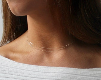 Dainty 14k Solid Gold Short Chain Necklace - 14k Gold Ultra Dainty Multi-Strand Necklace - Pure Gold Delicate Multi-Chain Choker Necklace