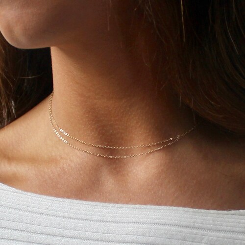 Delicate Double Strand Necklace 14k Gold Multistrand Etsy