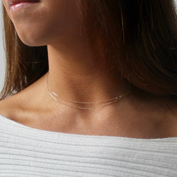 Dainty 14k Solid Gold Short Chain Necklace - 14k Gold Ultra Dainty Multi-Strand Necklace - Pure Gold Delicate Multi-Chain Choker Necklace