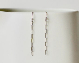 Simple White Gold Chain Earrings - Modern + Minimal Pure 14k White Gold Chain Dangle Earrings - Solid Gold Minimal Chain Link Earrings