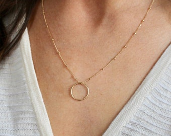 Solid 14k Gold Eternity Necklace - Beaded Satellite Chain Karma Necklace in Rose Gold, White Gold - 14k Karma Gold Circle Ring Necklace