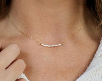 14k Gold Tiny Pearl Bar Necklace - Simple Solid 14k Pearl Necklace - Freshwater Pearl Bar + Pure 14k Gold Necklace Gift for Mom Daughter Her