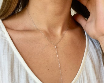 White Gold Lariat Pearl Necklace - Delicate 14k Lariat + Pearl Necklace - Dainty Pure 14k White Gold Birthstone Choker Lariat Necklace