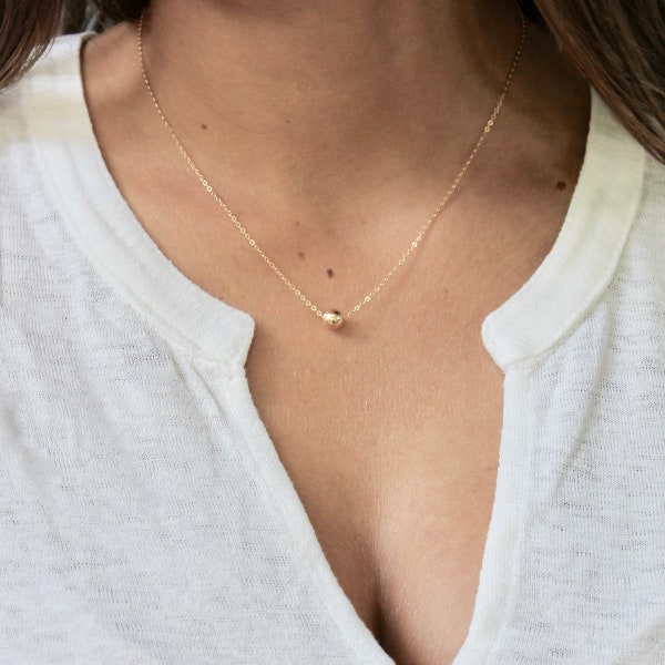 14k Gold Bead Necklace - Simple Solid Gold Orb Necklace - Dainty Bead Necklace - Dainty + Delicate 14k Single Bead Necklace