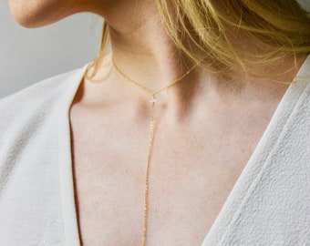 Diamond Lariat Necklace - 14k Gold Herkimer Diamond Y Necklace - Solid 14k Lariat Chain Necklace - Minimalist Lariat Necklace - Modern Y