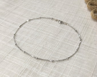14k White Gold Beaded Chain Anklet - Simple + Delicate 14k Pure White Gold Satellite Chain Anklet - Solid White Gold Tiny Bead Chain Anklet