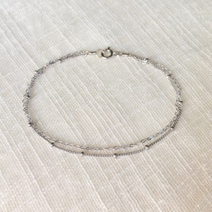 Pure 14k White Gold Dual Chain Bracelet - Tiny + Delicate 14k Gold Layered Multi Chain Bracelet - Solid 14k White Gold Dainty Bead Bracelet