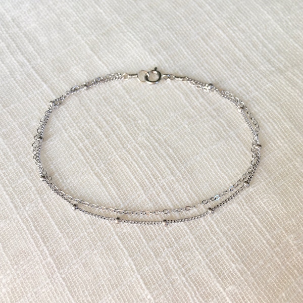 Pure 14k White Gold Dual Chain Bracelet - Tiny + Delicate 14k Gold Layered Multi Chain Bracelet - Solid 14k White Gold Dainty Bead Bracelet