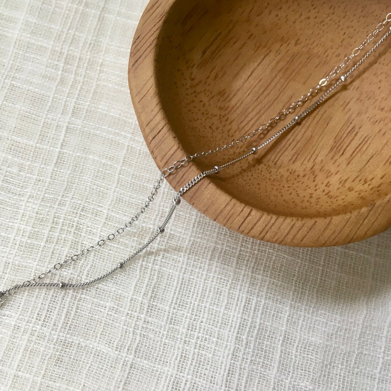 Dainty 14k White Gold Solid Gold Dual Chain Necklace 14k Gold Ultra Dainty Short Necklace Delicate Multi-Chain Satellite Choker Necklace image 2