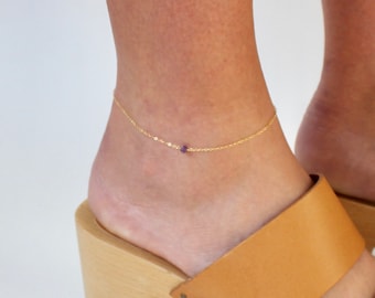 Ultra Dainty Solid 14k Gold Birthstone Chain Anklet - Simple + Delicate 14k Pure Gold Chain + Gemstone Anklet - 14k Simple Gemstone Anklet