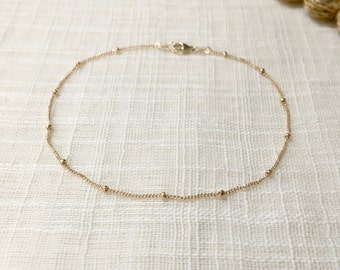 14k Dainty Gold Beaded Chain Anklet - Simple + Delicate 14k Pure Gold Satellite Chain Anklet - Solid 14 Gold Tiny Bead Chain Anklet