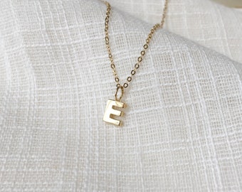 14k Gold Initial E Necklace - Gold Block Letter E Charm Necklace - 14k Gold Dainty Initial Necklace - Dainty + Delicate 14k Letter Necklace