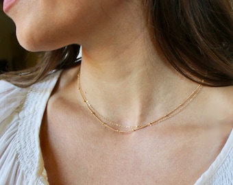 Dainty 14k Solid Gold Dual Chain Necklace - 14k Gold Ultra Dainty Short Necklace - Pure Gold Delicate Multi-Chain Satellite Choker Necklace