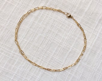 Gold Dual Chain Anklet - Simple, Dainty 14k Pure Gold Paperclip Chain Anklet - Solid 14 Real, Pure Gold Multi Chain Anklet for Summer