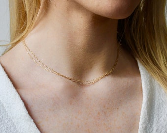 14k Gold Dual Chain Necklace - Simple Fine 14k Solid Gold Rolo Double Multi Chain Necklace - Pure 14k Gold Modern Dual Chain Short Necklace