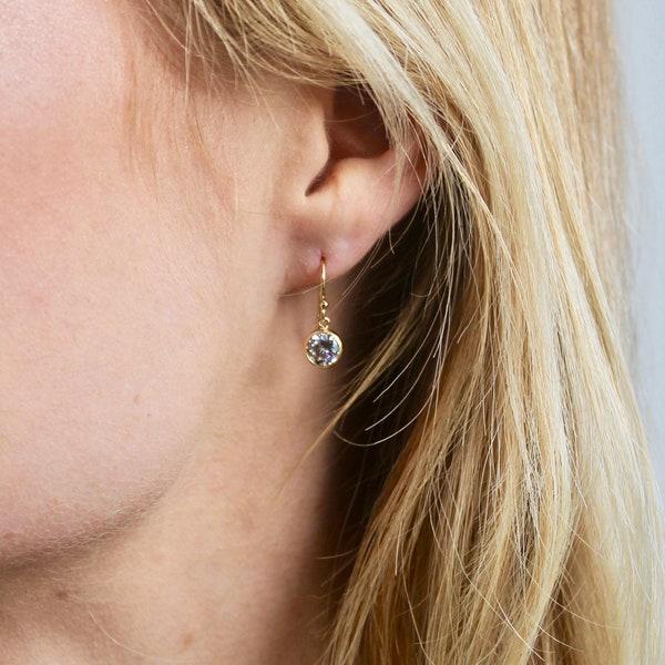 Diamond Drop Earrings - Dainty CZ + Solid 14k Gold Dangle Earrings - April 14k Earrings - Bridal Earrings - Sparkly CZ 14k Gold Earrings