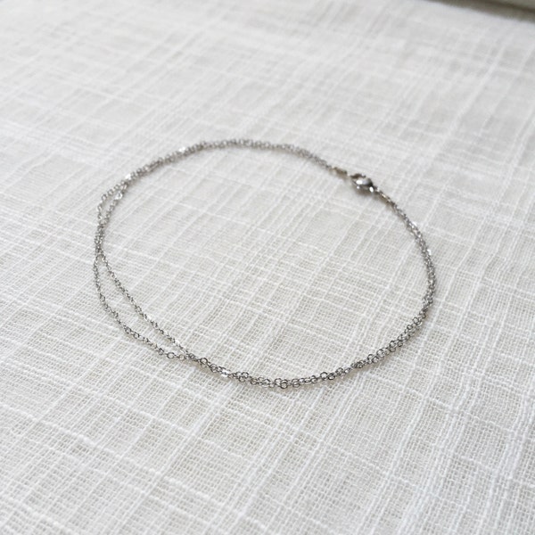 Dainty Solid 14k White Gold Two Chain Anklet - Simple Multi Chain 14k Pure White Gold Anklet - 14k Fine Gold Double Chain Anklet