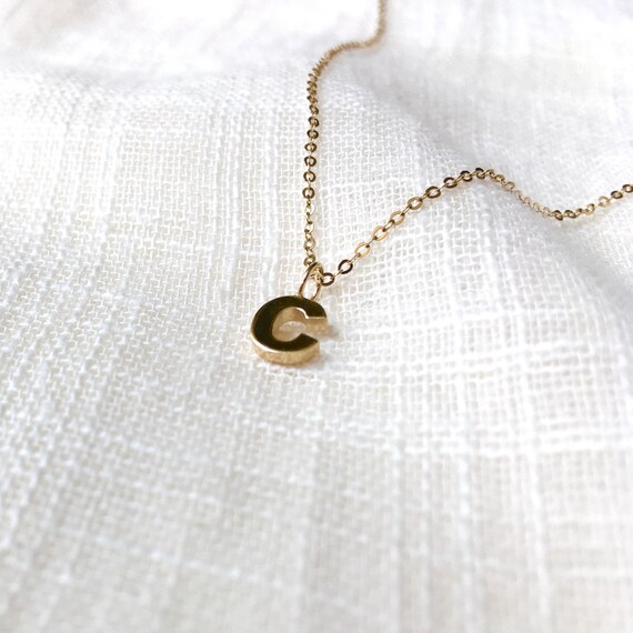 14k Gold Initial C Necklace Gold Block Letter C Charm Necklace 14k