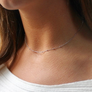 14k White Gold Tiny Gold Bead Short Chain Necklace - 14k White Gold Bead Choker - 14k Simple Satellite Chain Everyday Layering Necklace