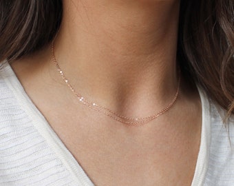 Rose Gold Double Strand Necklace - 14k Rose Gold Multi-Strand Necklace - Double Strand 14k Pink Gold Necklace - Dainty Choker Chain Necklace