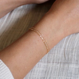 Solid 14k Gold Dual Chain Bracelet - Tiny + Delicate 14k Gold Layered Multi Chain Bracelet - Pure Gold Dual Rolo Chain Bracelet