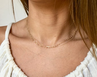 Glittery 14k Solid Gold Dual Chain Necklace - 14k Gold Double Sparkle Chain Necklace - Pure Gold Delicate Multi-Chain Glitter Necklace
