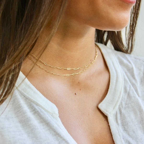 Paperclip Chain Necklace - 14k Gold Minimal, Dainty Paper Clip Cable Necklace - Simple Layering Flat Cable Chain Necklace Gift for Her