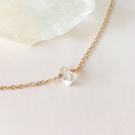 Delicate Herkimer Diamond Necklace 14k Gold Herkimer Diamond