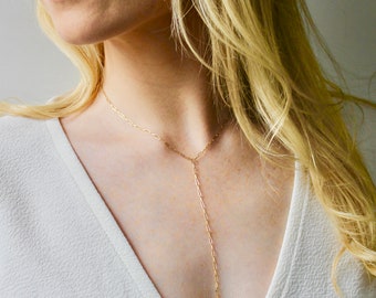 Delicate 14k Gold Cable Chain Lariat Necklace - Solid Gold Drawn Cable Necklace - Pure 14k Gold Modern Open Rectangle Link Lariat Necklace