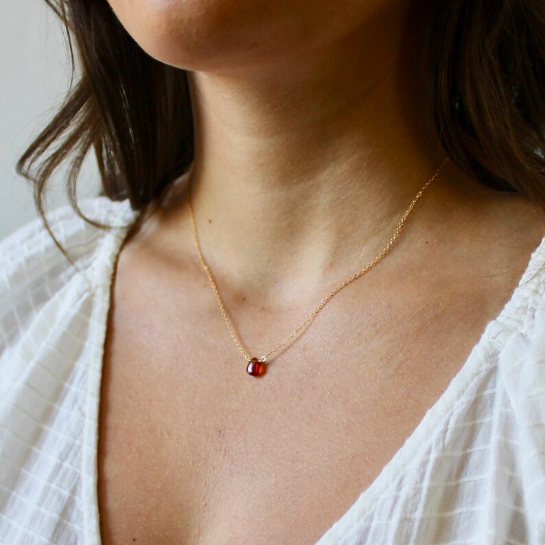 Simple 14k Gold Garnet Necklace Dainty 