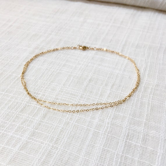 Dainty Solid 14k Gold Two Chain Anklet Simple Multi Chain 14k Pure