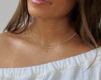 Layered Satellite 14k Chain Necklace - Multi-Strand Pure 14k Gold Satellite Necklace - 14k Gold Double Chain Strand Dainty Bead Necklace