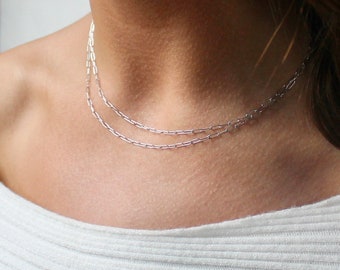 Delicate 14k White Gold Cable Chain Necklace - Solid Gold Drawn Cable Necklace - Pure 14k White Gold Paper Clip Chain Modern Necklace