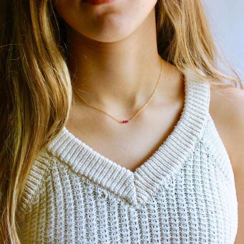 Simple Tiny 14k Gold Ruby Quartz Necklace - Dainty Birthstone Necklace - Simple Fine Solid 14k Gold Birthstone Choker Necklace Gift for Her 