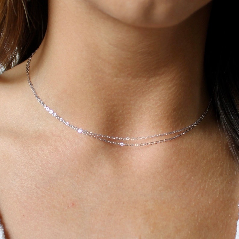 Dainty 14k White Gold Short Chain Necklace 14k Gold Ultra Dainty Multi-Strand Necklace White Gold Delicate Multi-Chain Choker Necklace image 1