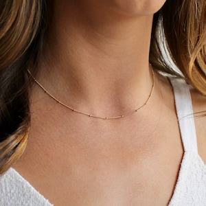 Satellite Chain Necklace - Real 14k Solid Gold Bead Choker or Collar Necklace - 14k Simple Dainty Satellite Chain Layering Necklace for Her