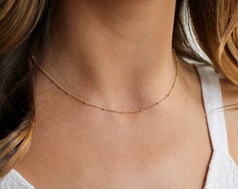 Dainty Satellite Chain Necklace - Minimal Layering Chain Necklace - Collar Bead Chain Necklace - Gold Fill, Silver Short Chain Necklace