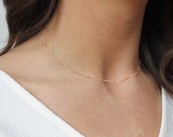 14k Solid Rose Gold Bead Short Chain Necklace - Pure 14k Fine Gold Bead Choker - Simple Dainty Satellite Chain Everyday Layering Necklace