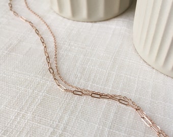 Solid Rose Gold Dual Chain Necklace - 14k Pink Gold Dainty Short Necklace - Pure 14k Rose Gold Multi-Chain Paper Clip Cable Choker Necklace