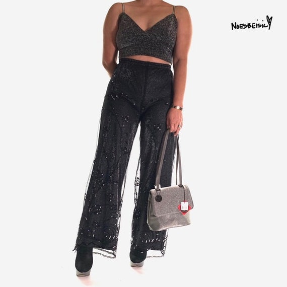 Patra Metallic Embellished Palazzo Wide Leg Pants