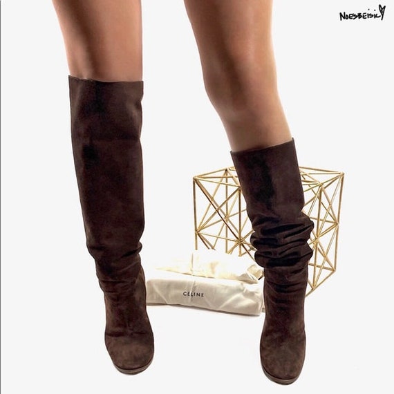 Celine Brown Suede Knee High Boots Chunky Heel