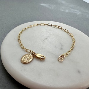 Virgin Mary Paperclip Bracelet/ Trending Chain/ Genuine 14 K Gold Filled/ Thick  Chain & Delicate Gift for Her.