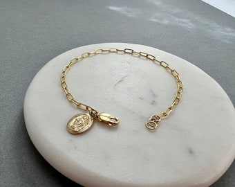 Bracelet Vierge Marie avec trombone/chaîne tendance/or véritable 14 carats/chaîne épaisse et cadeau délicat pour elle.