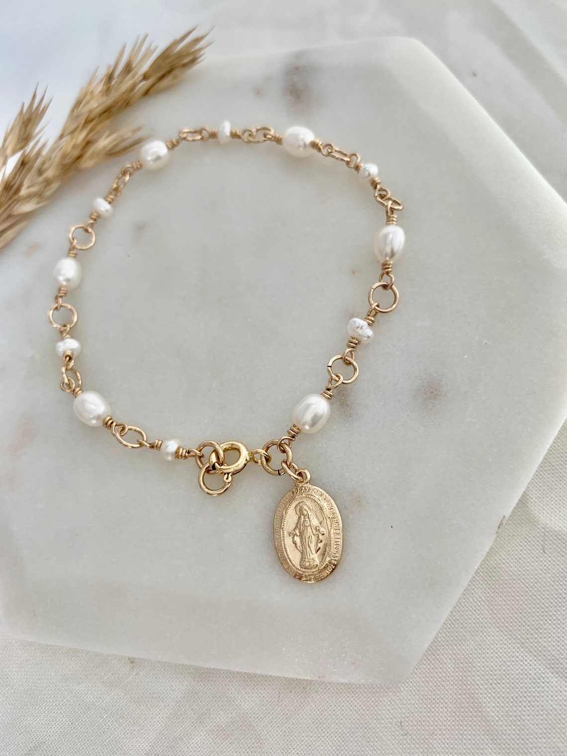 Virgin Mary Bracelet/ Pearl Bracelet/ 14 K Gold Filled/ Etsy Ireland